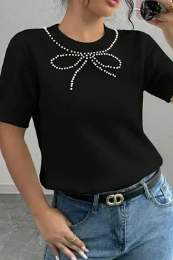 Online Dear-Lover Pearl Bow Necklace Embellished Short Sleeve Knitted T Shirt Black