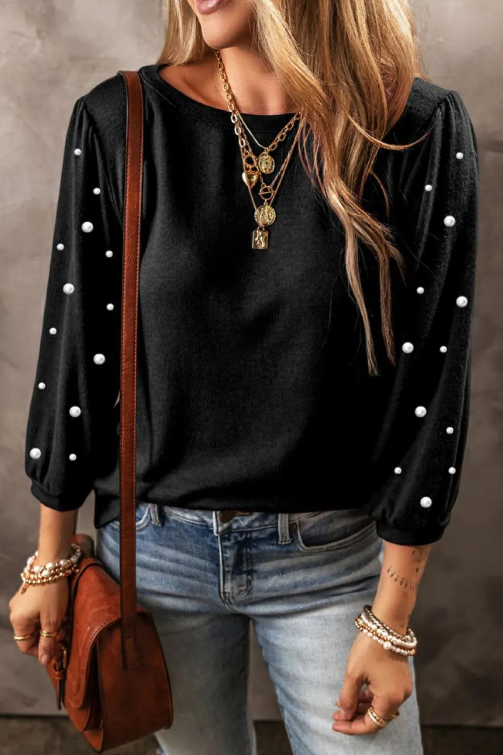 Clearance Dear-Lover Pearl Decor 3/4 Sleeve Crew Neck T Shirt Black