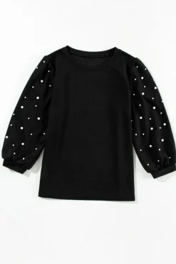 Clearance Dear-Lover Pearl Decor 3/4 Sleeve Crew Neck T Shirt Black
