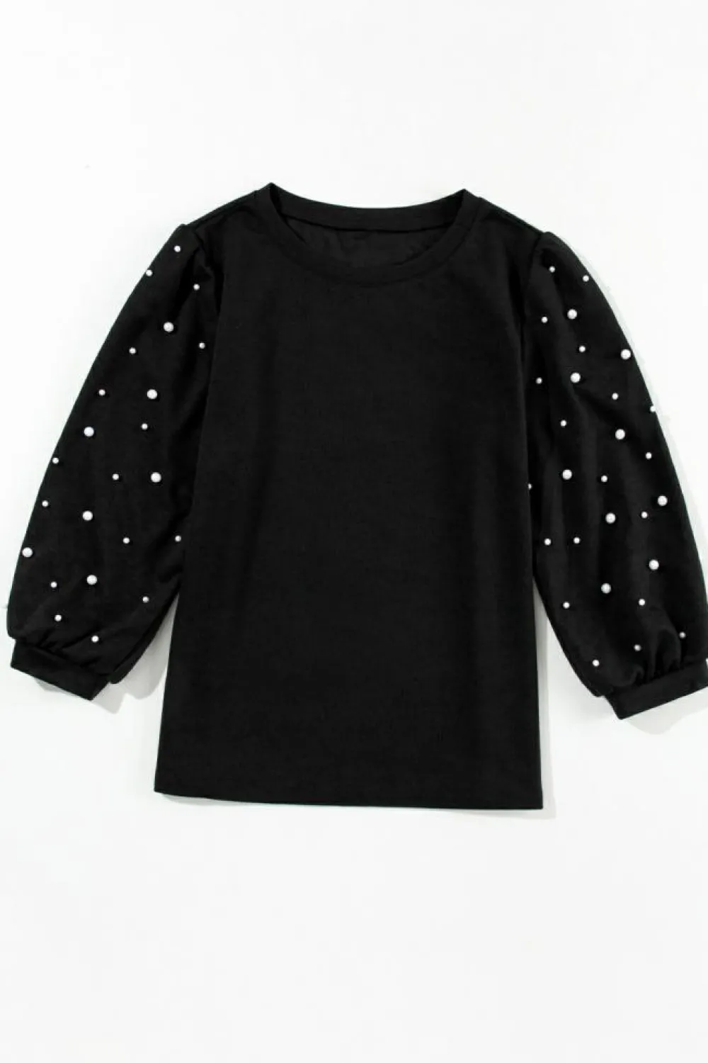 Clearance Dear-Lover Pearl Decor 3/4 Sleeve Crew Neck T Shirt Black
