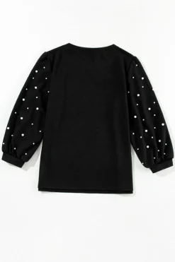 Clearance Dear-Lover Pearl Decor 3/4 Sleeve Crew Neck T Shirt Black