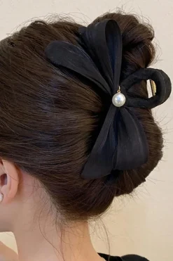 Fashion Dear-Lover Pearl Decor Bow Large Claw Clip Black