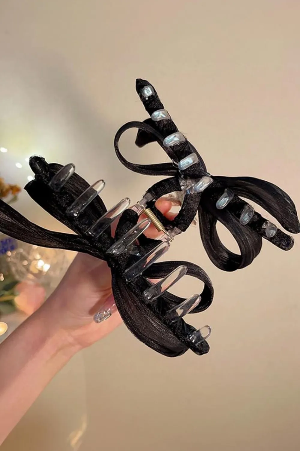 Fashion Dear-Lover Pearl Decor Bow Large Claw Clip Black