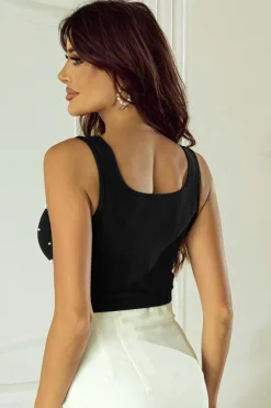 Clearance Dear-Lover Pearl Decor Square Neck Sleeveless Crop Top Black