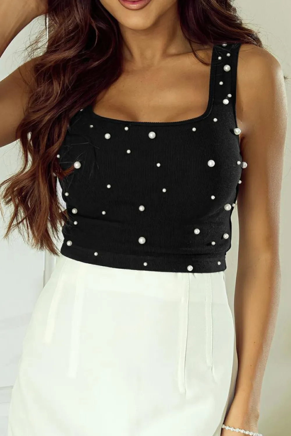 Clearance Dear-Lover Pearl Decor Square Neck Sleeveless Crop Top Black