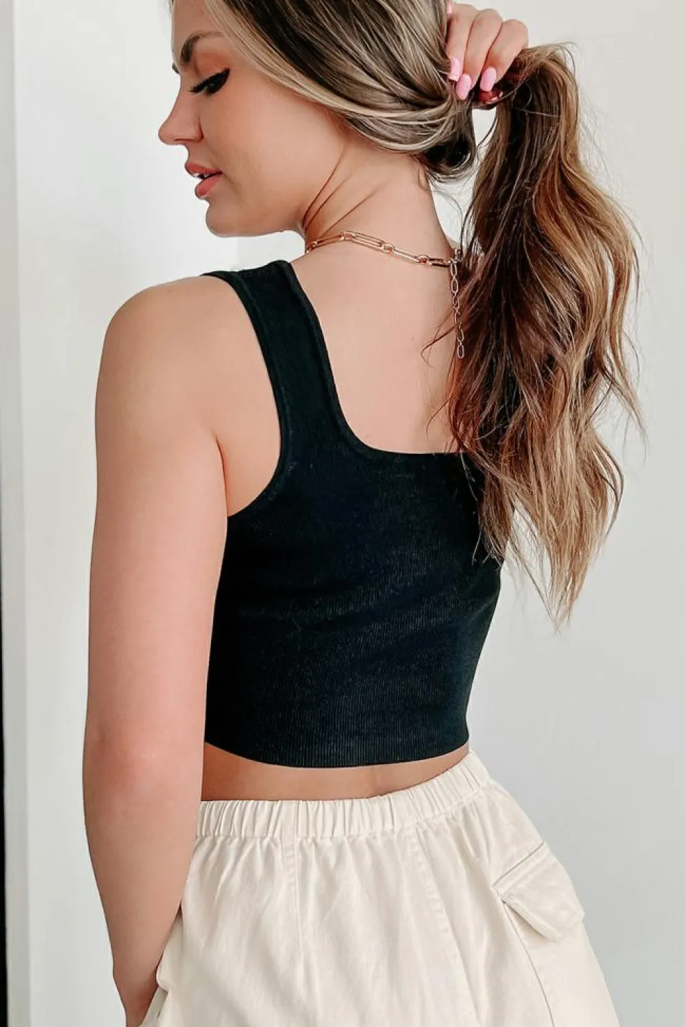 Clearance Dear-Lover Pearl Decor Square Neck Sleeveless Crop Top Black