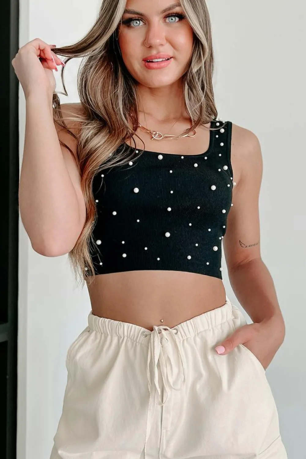 Clearance Dear-Lover Pearl Decor Square Neck Sleeveless Crop Top Black