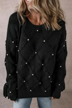 New Dear-Lover Pearl Embellished Rhombus Pattern Sweater Black