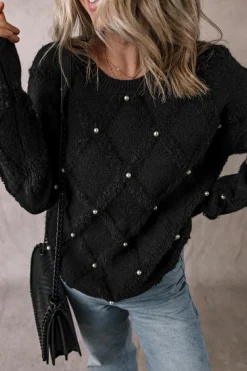 New Dear-Lover Pearl Embellished Rhombus Pattern Sweater Black