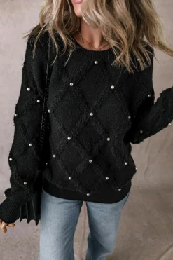 New Dear-Lover Pearl Embellished Rhombus Pattern Sweater Black