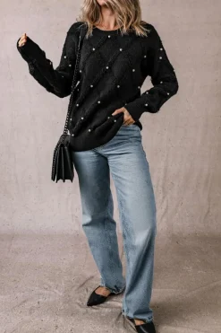 New Dear-Lover Pearl Embellished Rhombus Pattern Sweater Black