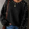 Fashion Dear-Lover Pearled Drop Shoulder Round Neck Sweater Black