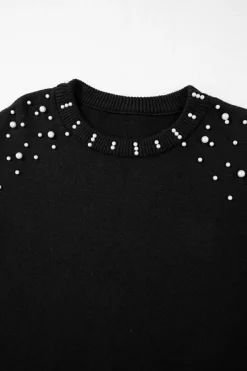 Fashion Dear-Lover Pearled Drop Shoulder Round Neck Sweater Black