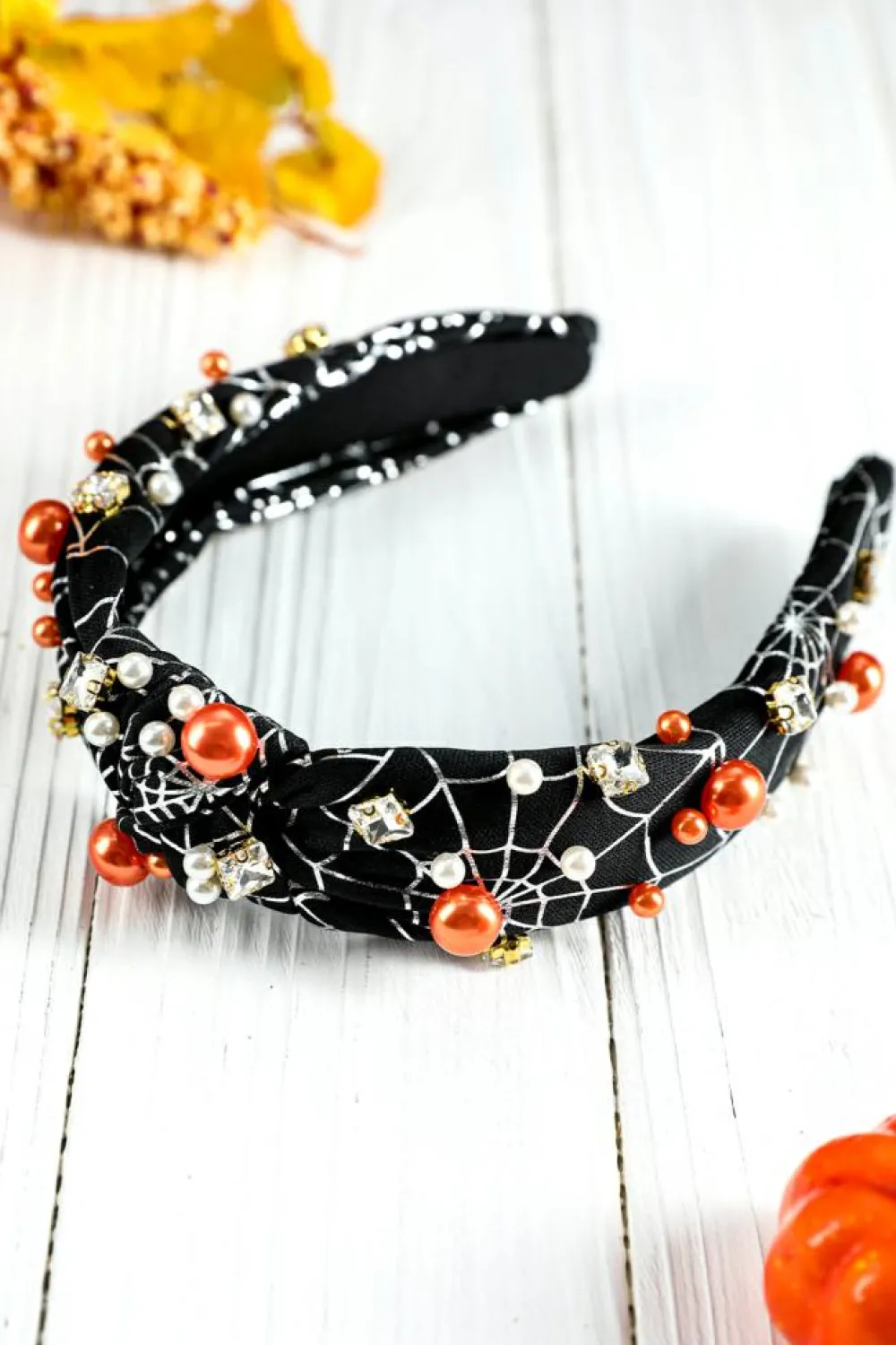 Discount Dear-Lover Pearled Rhinestone Knotted Spiderweb Halloween Headband Black