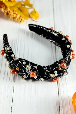 Discount Dear-Lover Pearled Rhinestone Knotted Spiderweb Halloween Headband Black