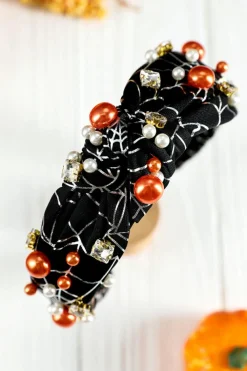 Discount Dear-Lover Pearled Rhinestone Knotted Spiderweb Halloween Headband Black