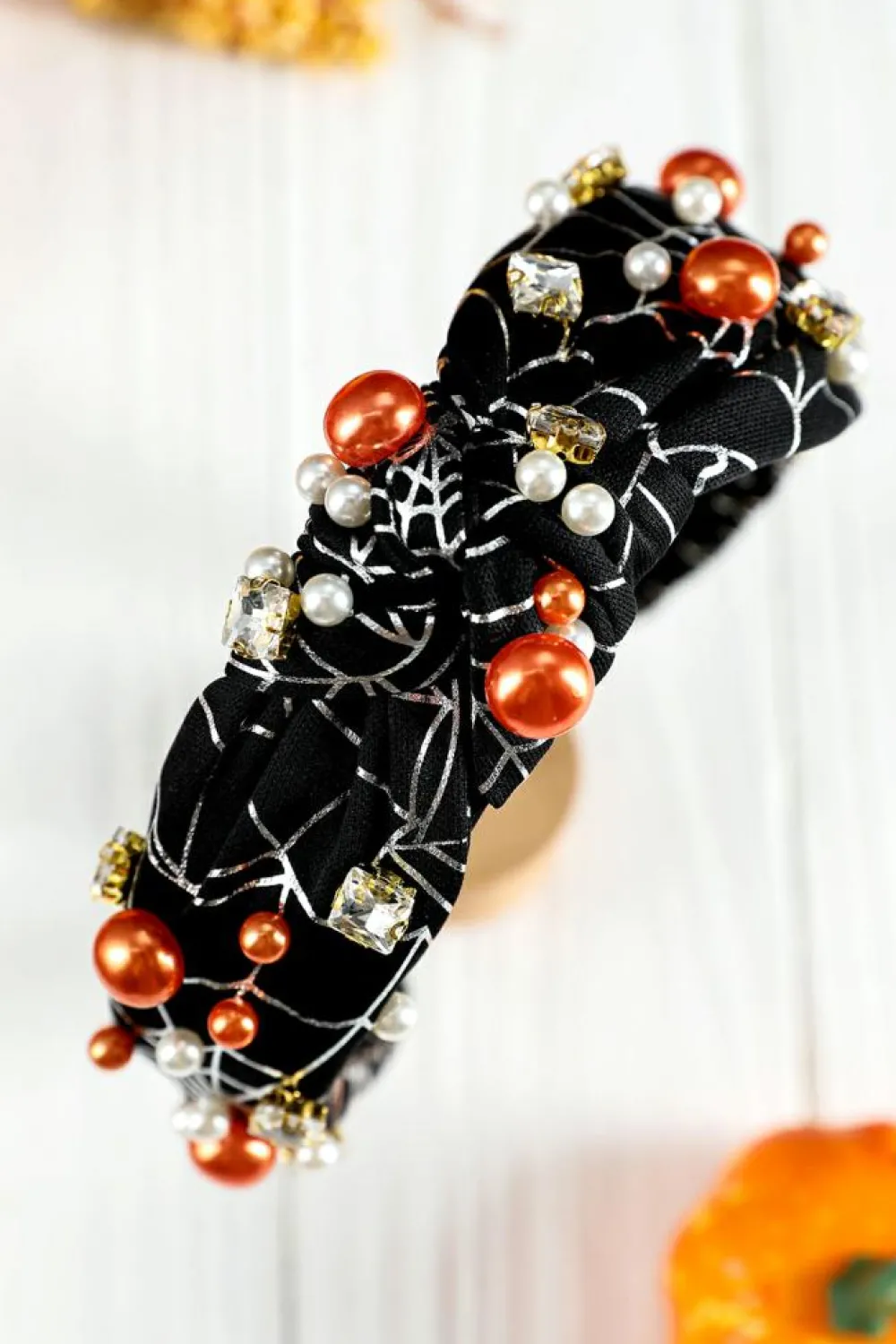 Discount Dear-Lover Pearled Rhinestone Knotted Spiderweb Halloween Headband Black