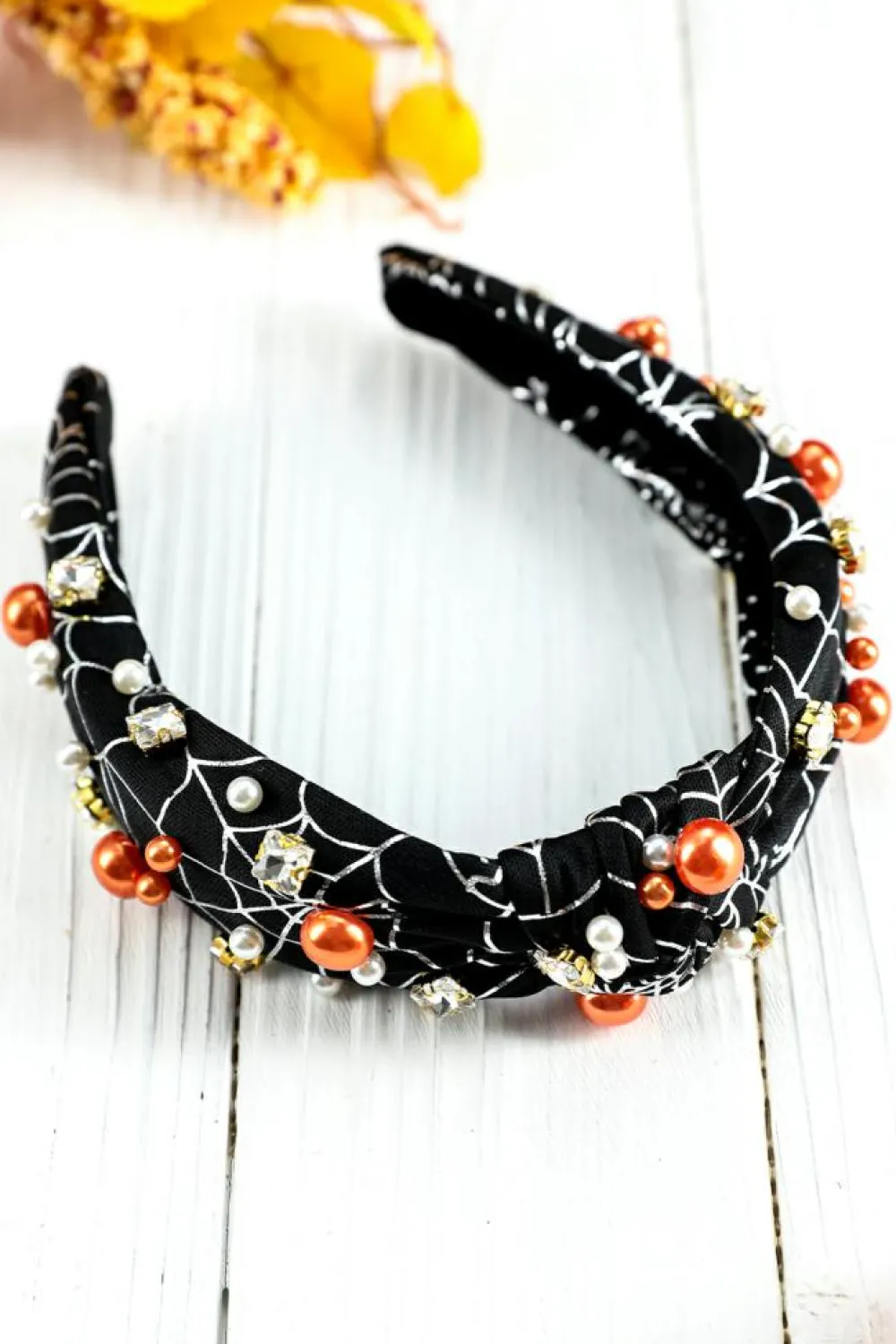 Discount Dear-Lover Pearled Rhinestone Knotted Spiderweb Halloween Headband Black