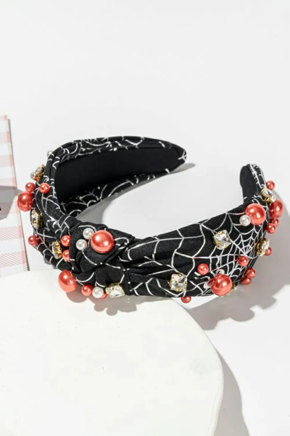 Discount Dear-Lover Pearled Rhinestone Knotted Spiderweb Halloween Headband Black