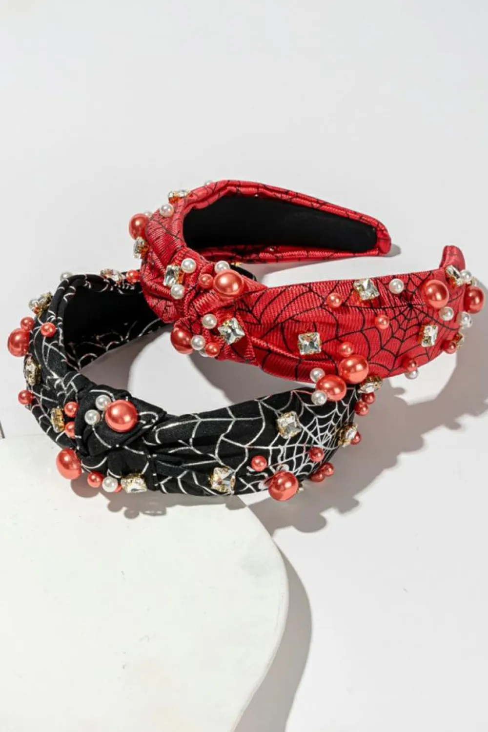 Discount Dear-Lover Pearled Rhinestone Knotted Spiderweb Halloween Headband Black