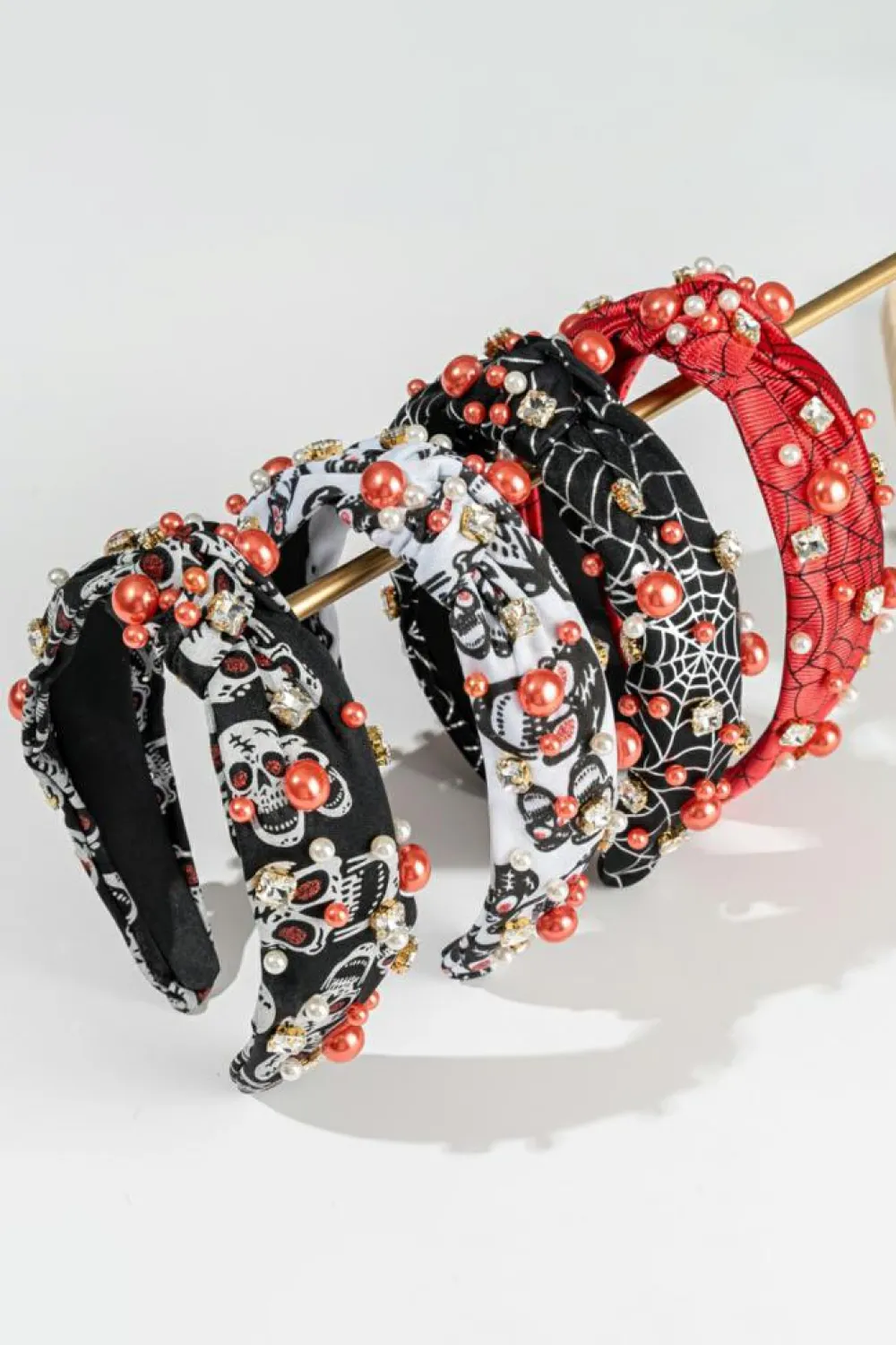 Discount Dear-Lover Pearled Rhinestone Knotted Spiderweb Halloween Headband Black