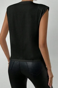 New Dear-Lover Pearls Beaded Shoulder Pad Crew Neck Tank Top Black