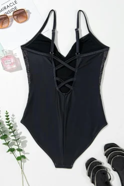 New Dear-Lover Petal Print Crisscross Back Spaghetti Straps Swimsuit Black