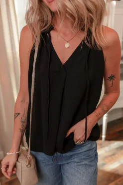 Hot Dear-Lover Pinched V Neck Tie Loose Tank Top Black