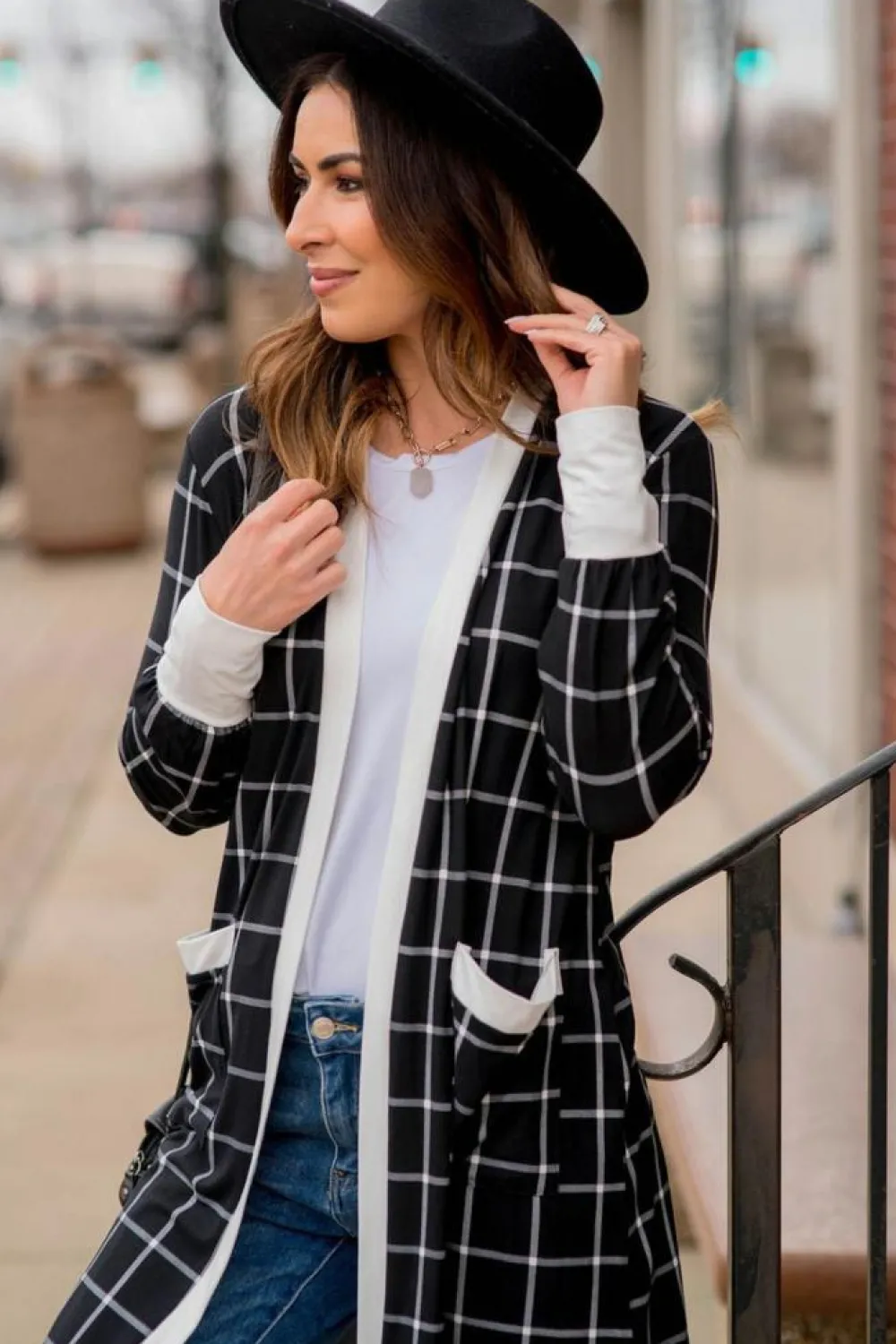 Online Dear-Lover Plaid Colorblock Edge Open Cardigan with Pocket Black