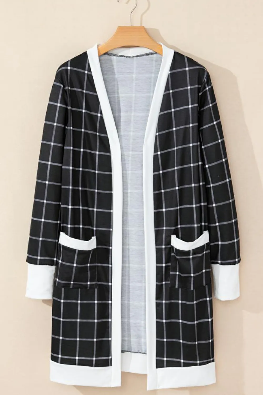 Online Dear-Lover Plaid Colorblock Edge Open Cardigan with Pocket Black