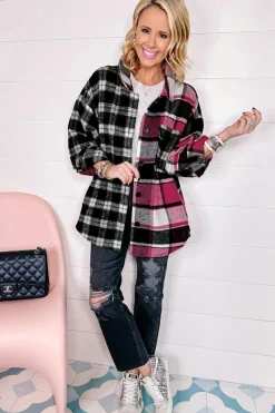 Sale Dear-Lover Plaid Colorblock Loose Shacket Black