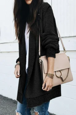 Hot Dear-Lover Plaid Knitted Long Open Front Cardigan Black