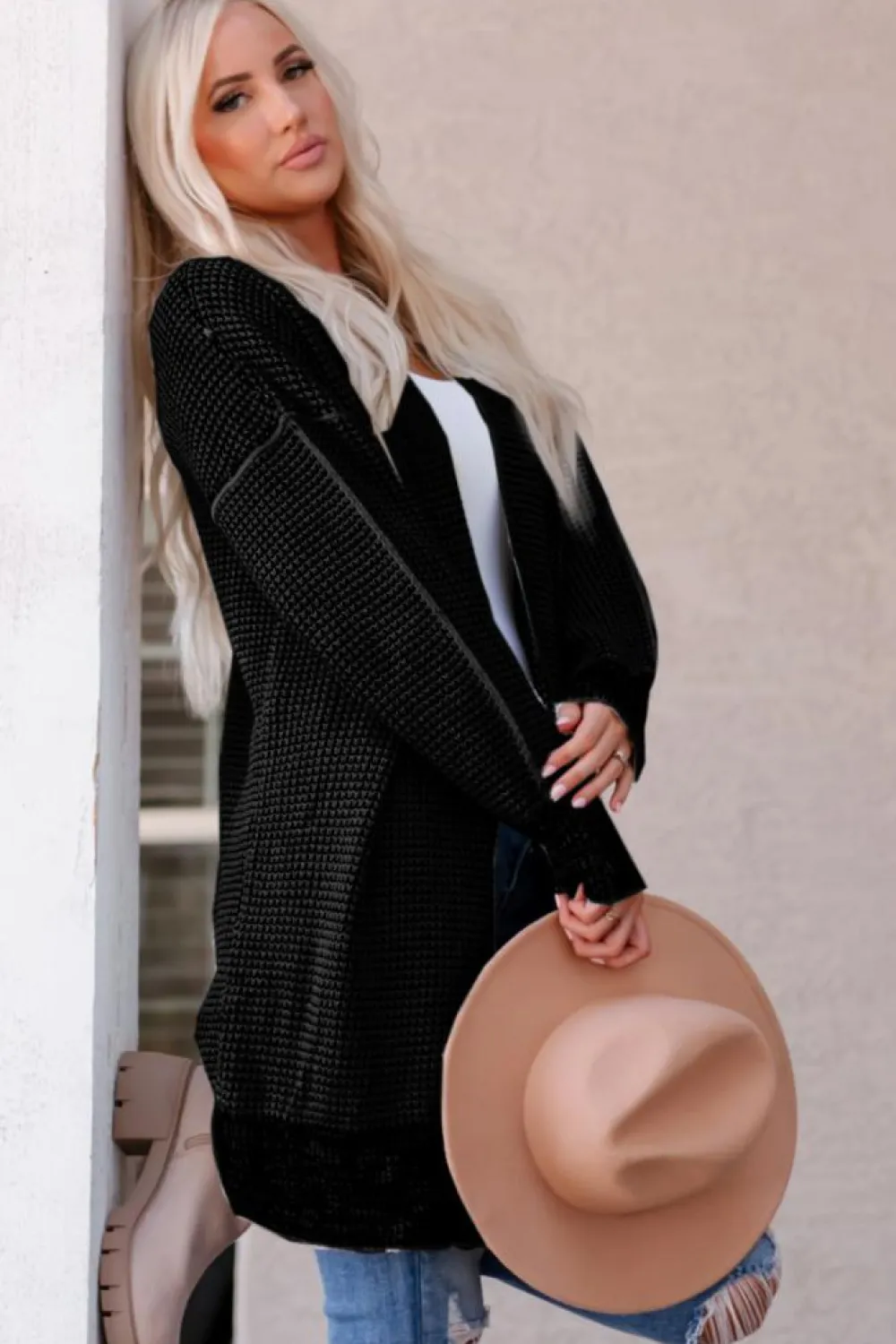 Hot Dear-Lover Plaid Knitted Long Open Front Cardigan Black