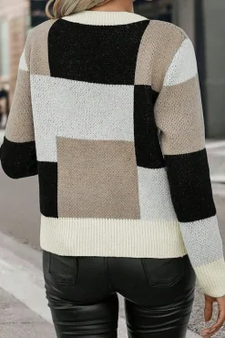Outlet Dear-Lover Plaid Patchwork Long Sleeve Knitted Sweater Black