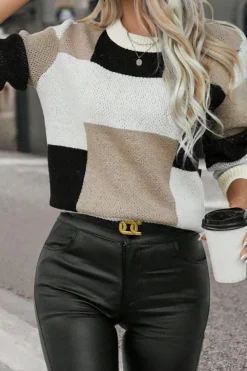 Outlet Dear-Lover Plaid Patchwork Long Sleeve Knitted Sweater Black