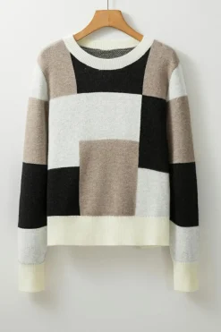 Outlet Dear-Lover Plaid Patchwork Long Sleeve Knitted Sweater Black
