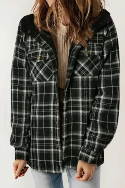 Fashion Dear-Lover Black Plaid Pattern Sherpa Lined Hooded Shacket Black-2