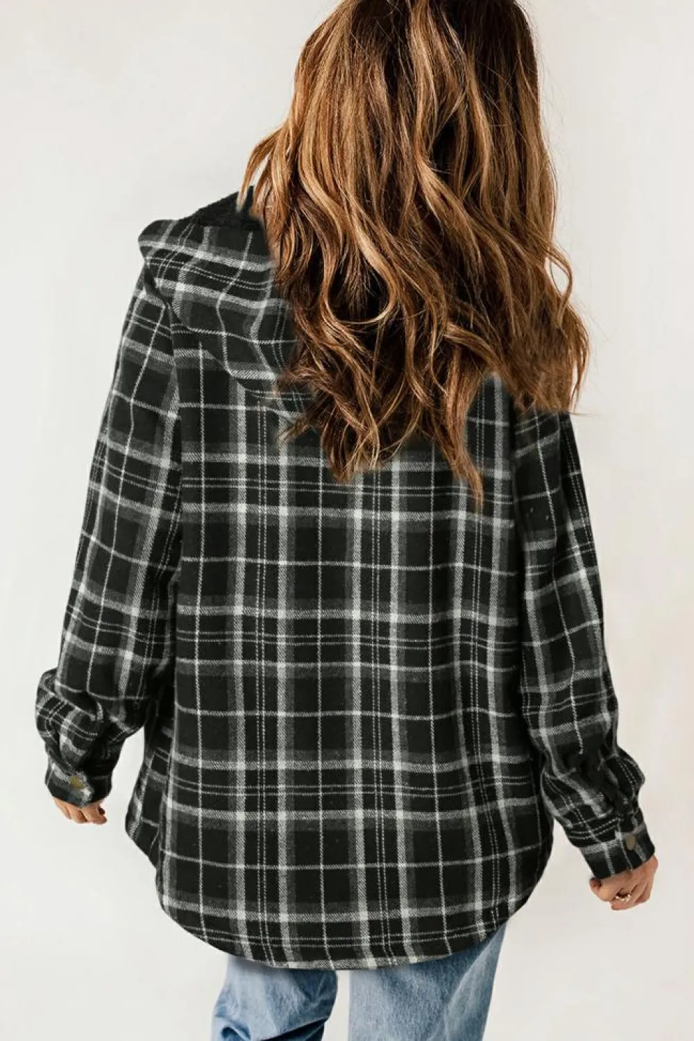 Fashion Dear-Lover Black Plaid Pattern Sherpa Lined Hooded Shacket Black-2
