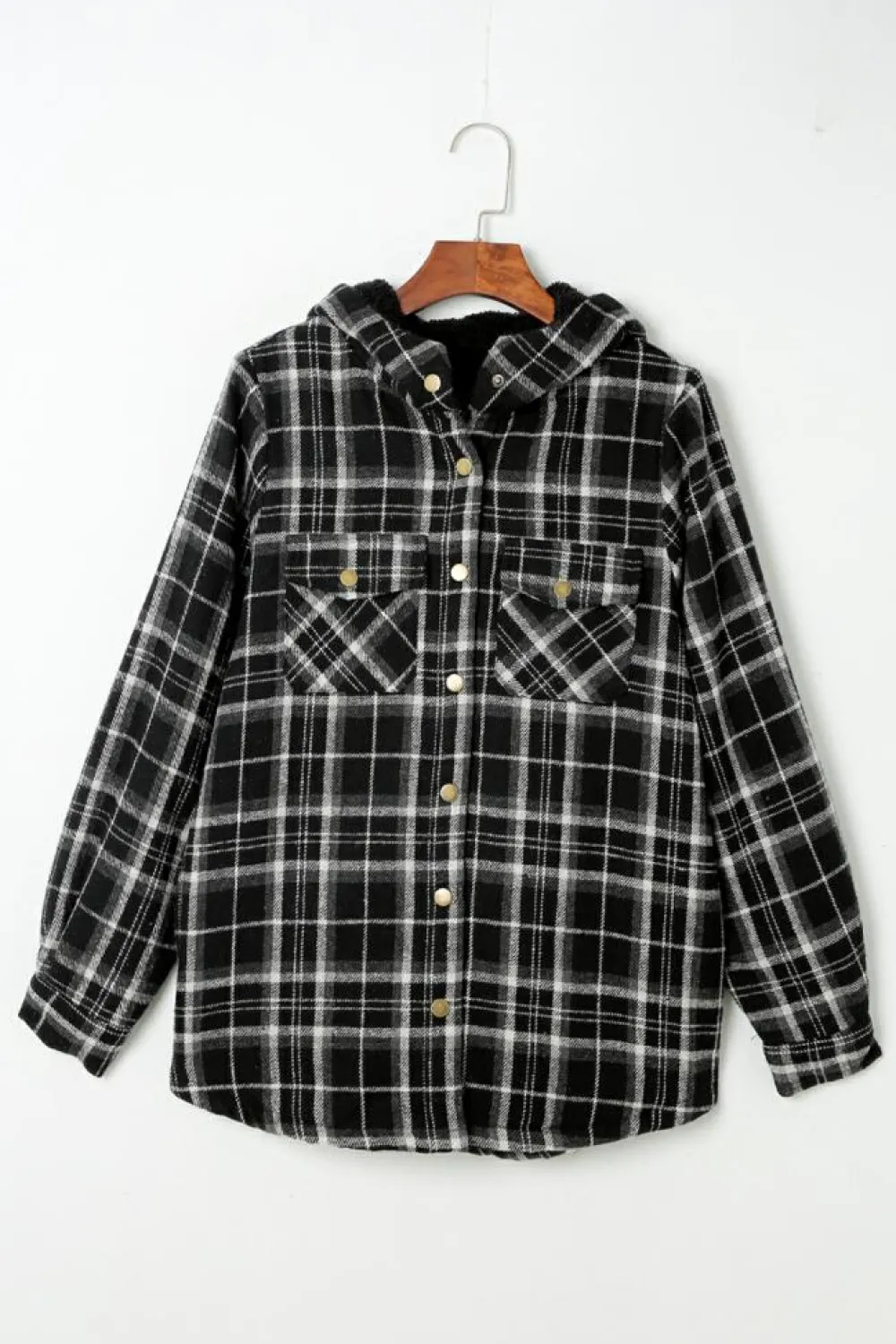 Fashion Dear-Lover Black Plaid Pattern Sherpa Lined Hooded Shacket Black-2