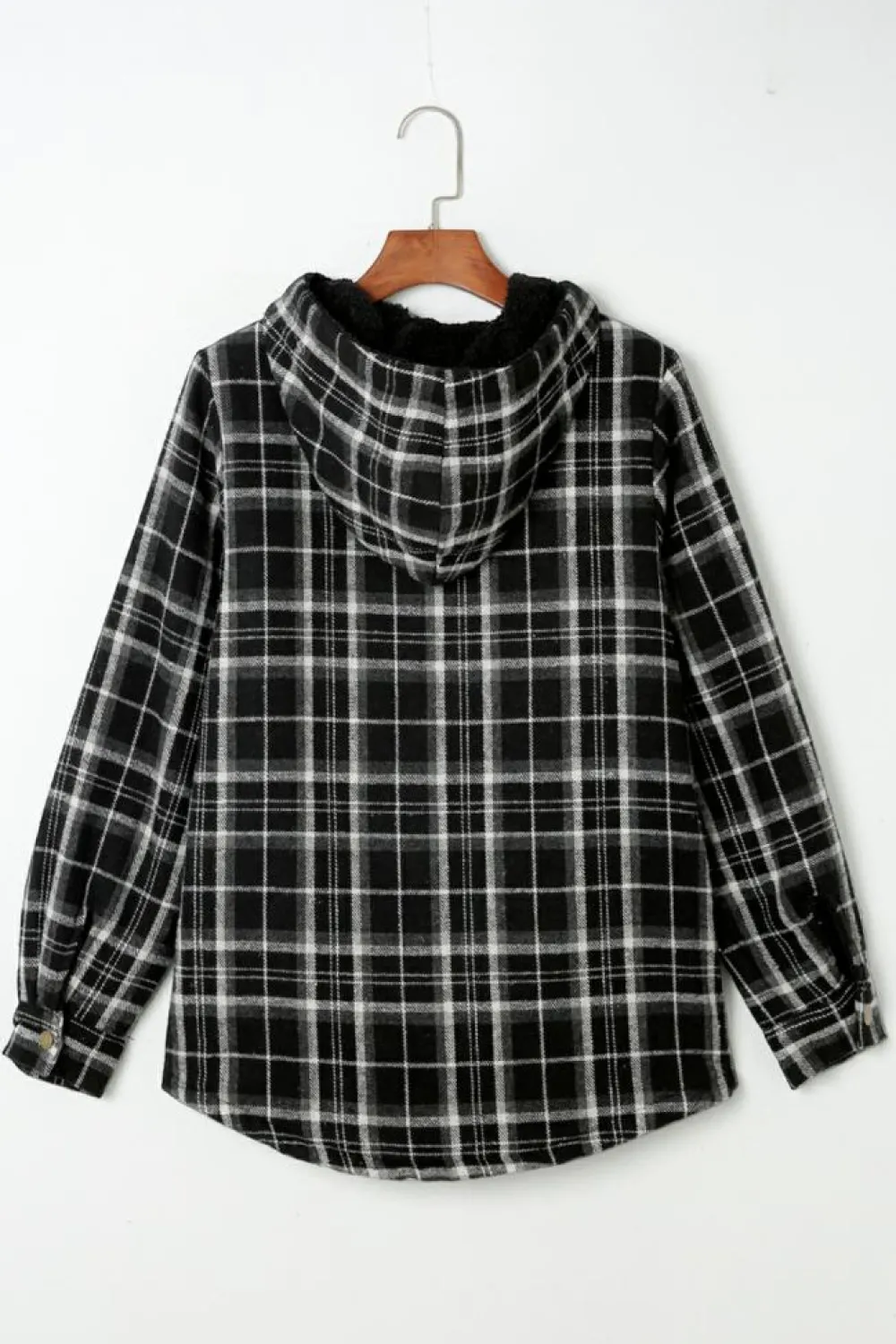 Fashion Dear-Lover Black Plaid Pattern Sherpa Lined Hooded Shacket Black-2