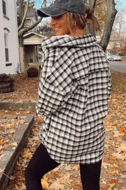 Sale Dear-Lover Plaid Print Chest Pockets Buttoned Tunic Shacket Black