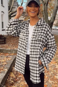 Sale Dear-Lover Plaid Print Chest Pockets Buttoned Tunic Shacket Black