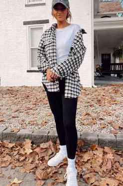 Sale Dear-Lover Plaid Print Chest Pockets Buttoned Tunic Shacket Black