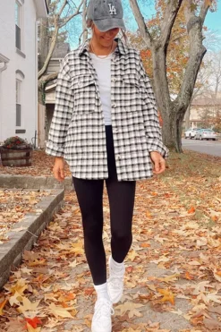 Sale Dear-Lover Plaid Print Chest Pockets Buttoned Tunic Shacket Black
