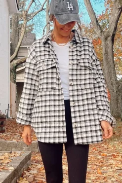 Sale Dear-Lover Plaid Print Chest Pockets Buttoned Tunic Shacket Black