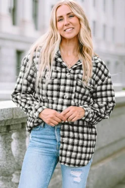 Sale Dear-Lover Plaid Print Chest Pockets Buttoned Tunic Shacket Black