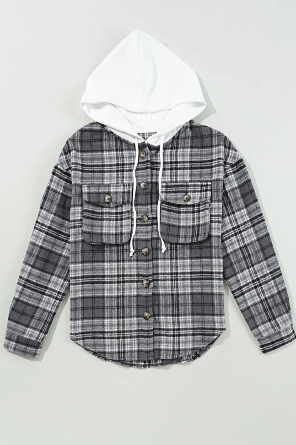 Sale Dear-Lover Plaid Print Flap Pockets Contrast Hooded Loose Shacket Black
