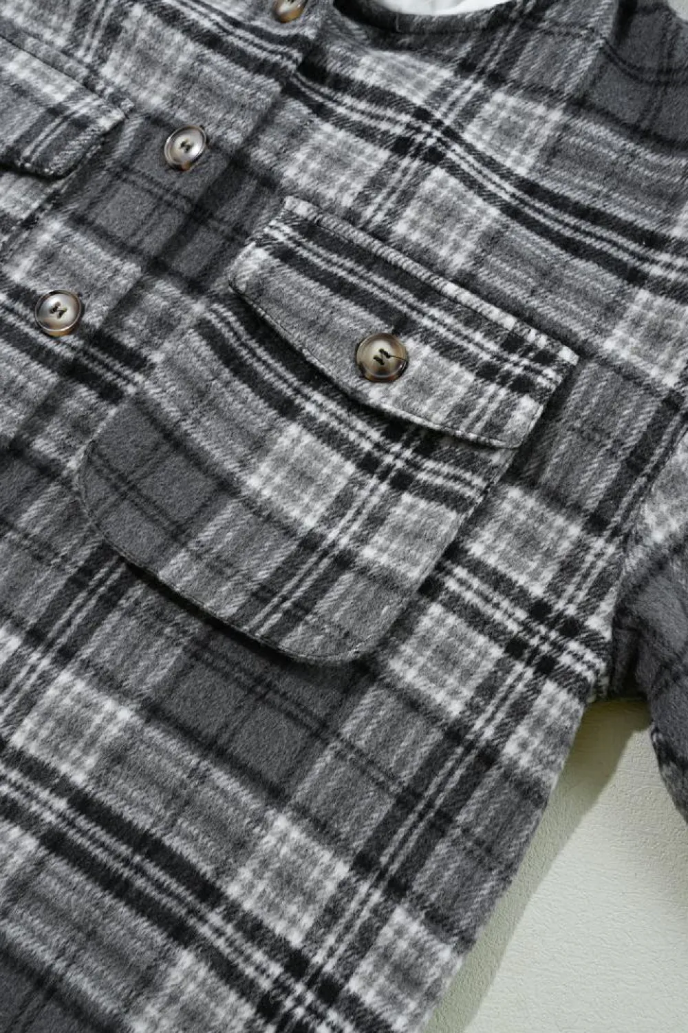 Sale Dear-Lover Plaid Print Flap Pockets Contrast Hooded Loose Shacket Black