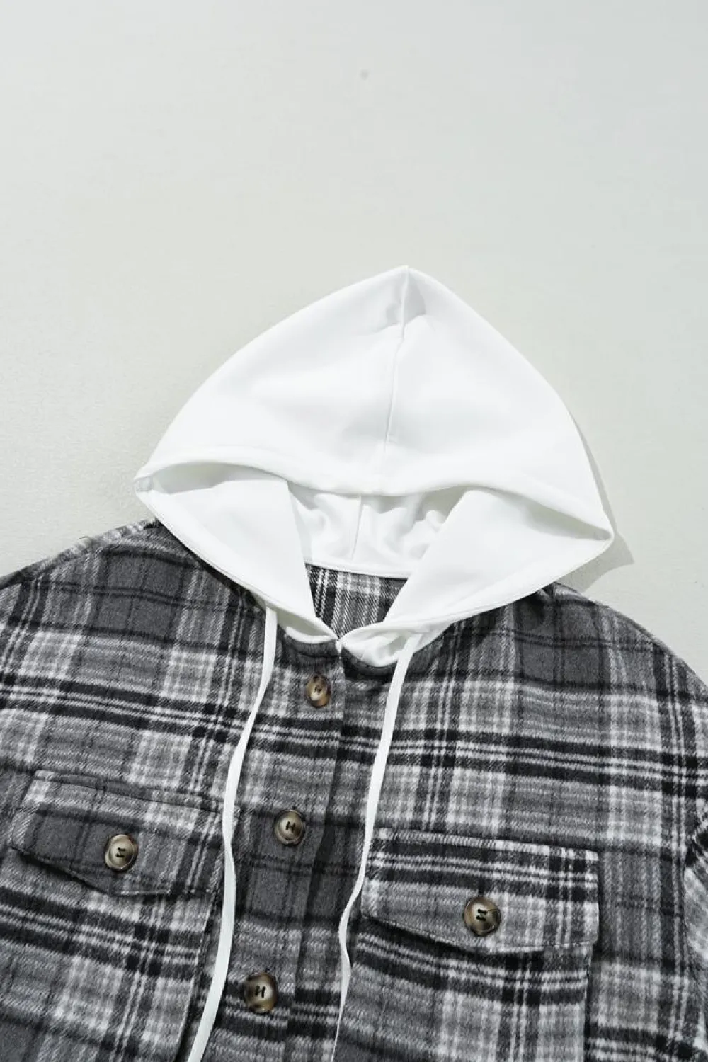 Sale Dear-Lover Plaid Print Flap Pockets Contrast Hooded Loose Shacket Black