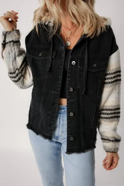 Online Dear-Lover Plaid Sleeve Frayed Hem Hooded Denim Jacket Black